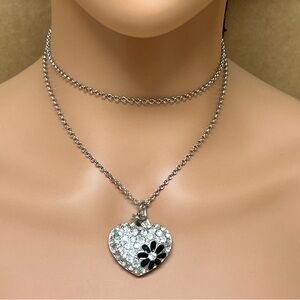 Sparkling Silver Heart Pendant Necklace with Black Flower